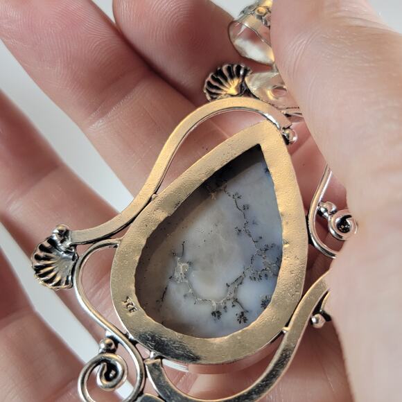 Sterling Silver Pendant with Dendritic Opal & Clear Quartz – Artisan Gem Jewelry - Picture 5 of 10